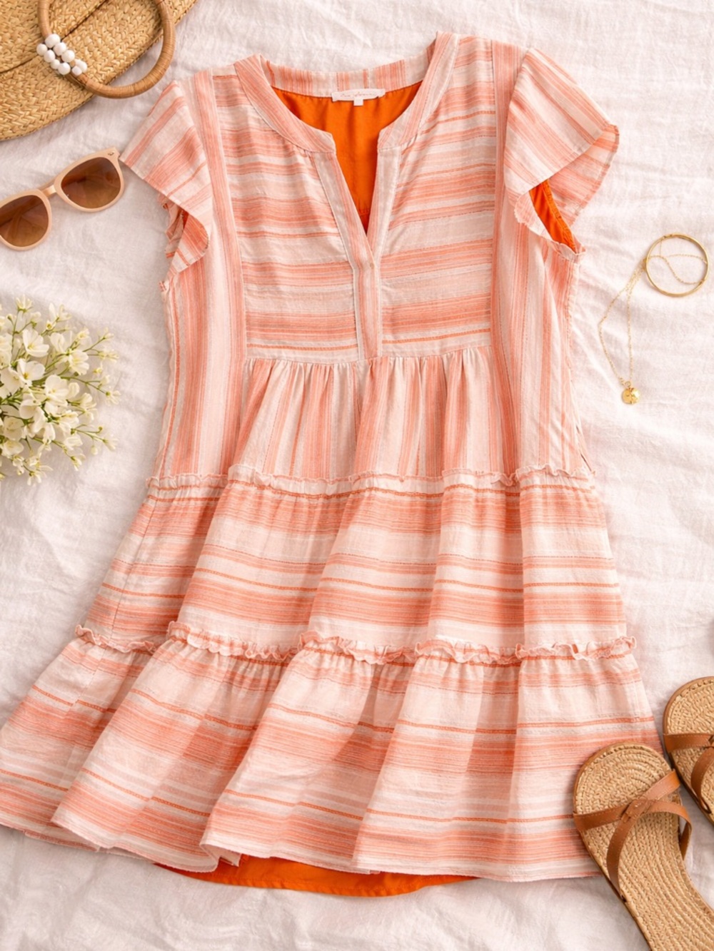 Peach Stripe Tiered Mini Dress Ruffle Sleeve Boho Summer Babydoll Tunic Size M